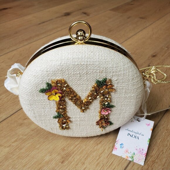 Viral Handcrafted In India Beaded Bag Monogrammed "M" Beige Round Clutch Chain - Picture 1 of 16